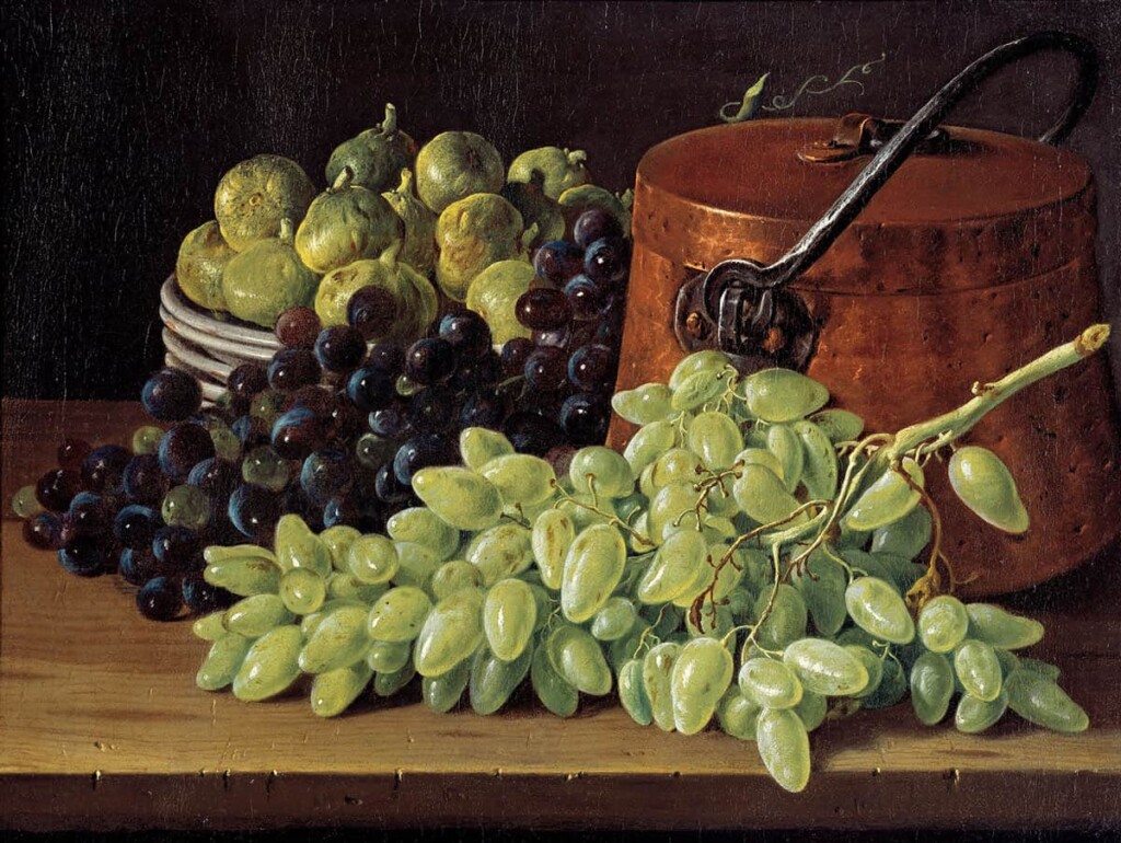 طبیعت-بی-جان-با-انگور،-انجیر-و-کتری-مسی---لوئیس-ملندز